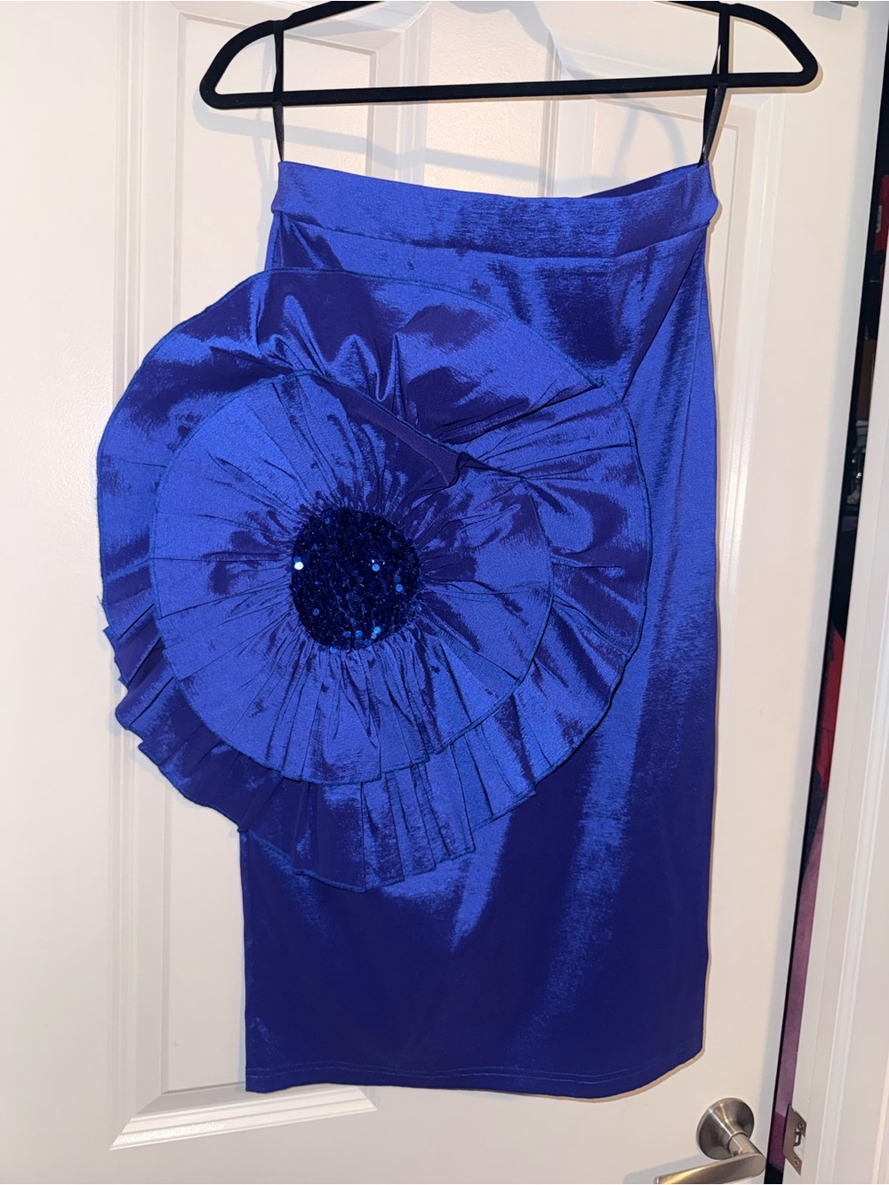 Royal Blue Satin Floral Appliqué Pencil Skirt